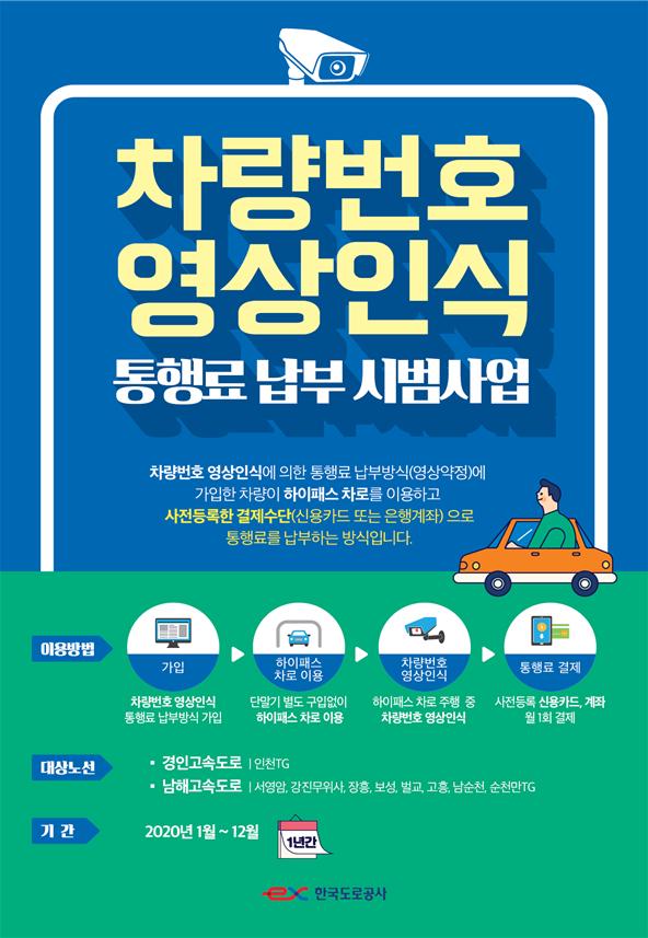 한국도로공사는 지난 1일부터 올해 말까지 1년간 경인고속도로 인천TG, 남해고속도로(서영암~순천만)구간에서 시행하는 차량번호 영상인식 통행료 납부 시범사업에 참여할 이용자를 모집한다. (사진제공=한국도로공사)
