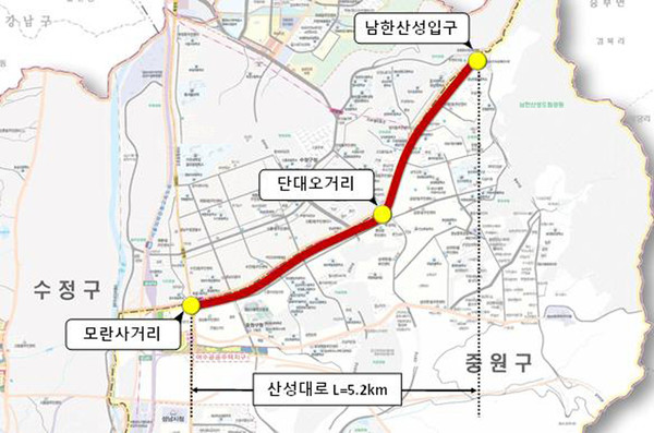 성남 산성대로 S-BRT 시범사업 구간 위치도. (사진제공=성남시청)