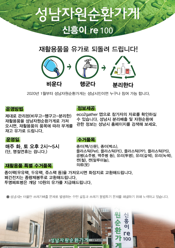 성남시는 재활용 가능 쓰레기를 가져오면 현금을 주는 자원순환가게 ‘신흥이 re 100(recycling 100%)’을 14일부터 정식 오픈한다고 밝혔다. (사진제공=성남시청)
