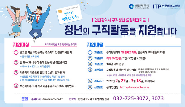 인천시 2020 구직청년 드림체크카드 홍보문. (사진제공=인천시청)