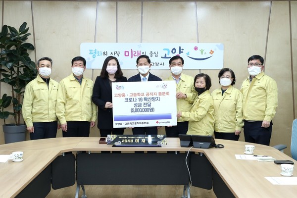 고양시는 지난 3일 고양시청에서 고양시 취약가구의 코로나 19 감염 예방을 위해‘고양도시철도추진연합 코로나 19 감염 예방을 위한 성금전달식’을 가졌다. (사진제공=고양시청)