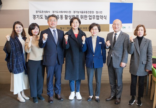 코리아경기도주식회사가 경기도사회서비스원, 경기농식품유통진흥원, 맘스런과 함께 ‘경기도 농식품 유통 활성화와 공동 마케팅을 위한 업무 협약’을 지난 6일 체결했다. (사진제공=경기도청)