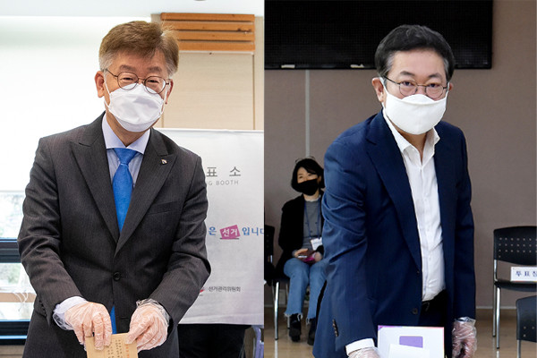 사진은 사전투표 행사하는 이재명 지사와 박남춘 시장. (사진제공=경기도청·인천시청)