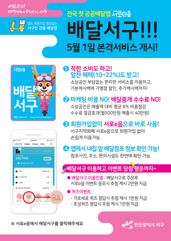 인천 서구가 5월 1일 전국 첫 공공배달 앱인 ‘서로e음 배달서구’ 출사표를 던진다. (사진제공=서구청)