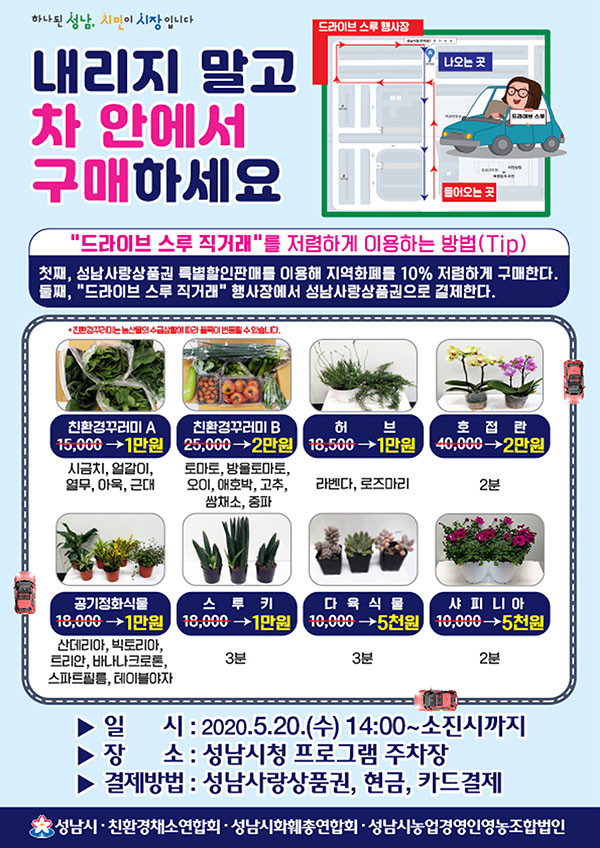 성남시는 코로나19 장기화로 위축된 농산물과 화훼류 소비촉진을 위해 20일 시청 야외주차장에서 ‘드라이브 스루 직거래 판매 행사’를 개최한다. (사진제공=성남시청)