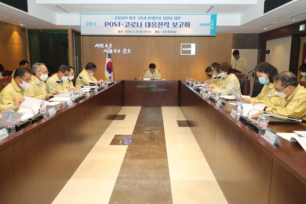 군포시는 25일 시청 중회의실에서 한대희 시장 주재로 ‘POST-코로나 대응전략 보고회’를 개최하고, 민생경제·일자리산업·사회문화·생활방역 등 4대 분야 43개 사업이 담긴 대응전략을 발굴했다. (사진제공=군포시청)