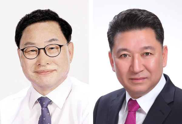광명시의회는 26일 제255회 임시회 제1차 본회의를 열고 의장단 선거를 통해 박성민 의원(왼쪽)을 후반기 의장으로 박덕수 의원(오른쪽)을 부의장으로 선출했다. (사진제공=광명시의회)