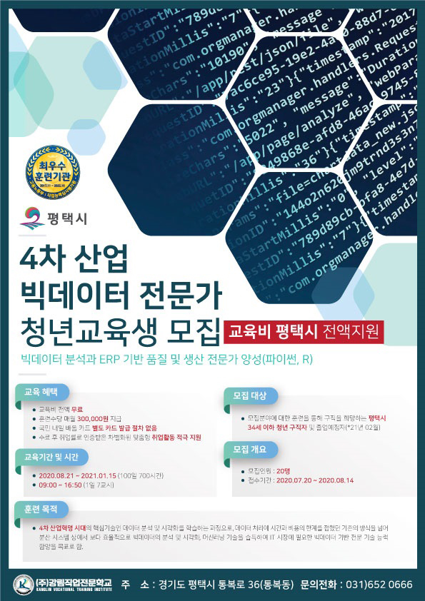 평택시는 4차 산업혁명 시대의 인재 양성을 위해 빅데이터 및 스마트팩토리 분야 교육과정을 개설하고 훈련에 참여할 청년 교육생을 모집한다. (사진제공=평택시청)