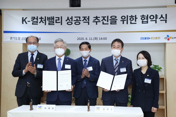11일 이재명 도지사와 김천수 주식회사 CJ라이브시티 대표는  도청 상황실에서  ‘K-컬처밸리의 성공적 추진을 위한 협약’을 체결했다. (사진제공=경기도청)