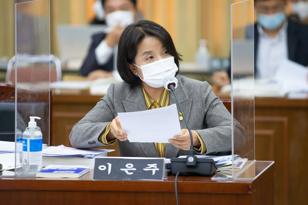 20일 오후 경기도청 신관 4층 제1회의실에서 열린 2020년 행정안전위원회 국정감사에서 이은주 국회의원(정의당)이 질의를 하고 있다. (사진제공=경기도청)