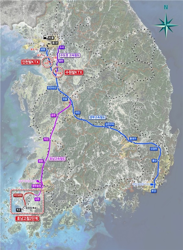 호남고속철도 및 인천발수원발 KTX 노선도. (사진제공=국토부)