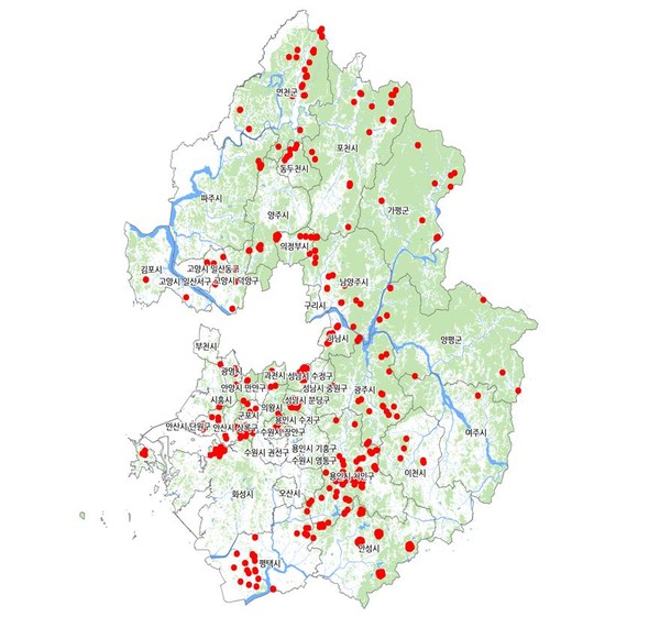 성남시 수정구 고등동, 분당구 대장동 등 경기도내 27개 시·군 임야, 농지지역 24.60㎢ 규모의 토지가 오는 28일부터 2022년 12월 27일까지 2년 간 토지거래허가구역으로 지정된다. 사진은 토지거래허가구역 지정 위치도. (사진제공=경기도청)