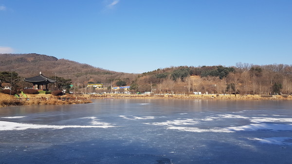 31일 오후, 이틀 연속 맹추위가 이어지면서 이천 설봉호수 전체가 꽁꽁 얼어 있다. (사진=송석원 기자)