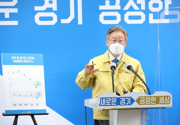 20일 오전 경기도청 브리핑실에서 열린 제2차 경기도 재난기본소득 관련 기자회견에서 이재명 경기도지사가 기자회견문을 발표하고있다. (사진제공=경기도청)