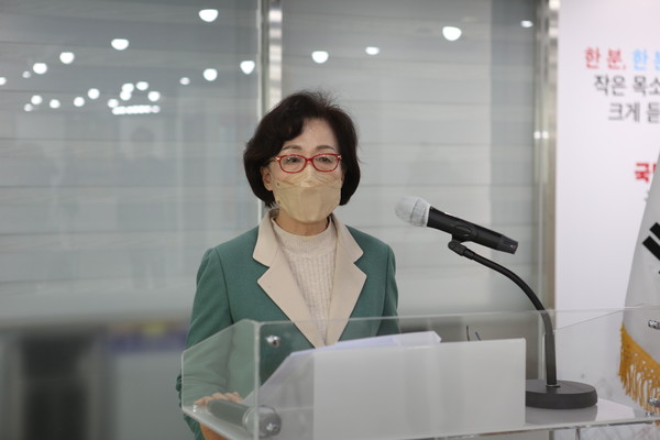4월 서울시장 보궐선거에 출마한 국민의힘 박춘희 의원이 20일 서울 여의도 국민의힘 중앙당사에서 기자회견을 열고 발언하고 있다. (사진=나문성 기자)