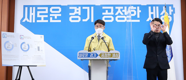 이재영 경기도 수자원본부장은 21일 경기도청에서 기자회견을 열고 도내 어린이 집과 학교, 요양원 등 교육·복지시설에서 사용하는 지하수 221곳에 대한 수질검사를 실시한 결과 부적합시설이 25곳에 이르는 것으로 나타났다고 발표하고 있다. (사진제공=경기도청)