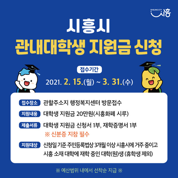 시흥시는 대학생 지원금 사업을 통해 관내 대학(원)생들에게 20만원 이내에서 시흥화폐 시루를 지원한다. (사진제공=시흥시청)