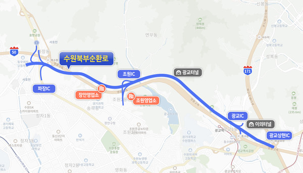 지난해 9월21일 개통한 수원북부순환로 지도. (사진제공=수원시청)