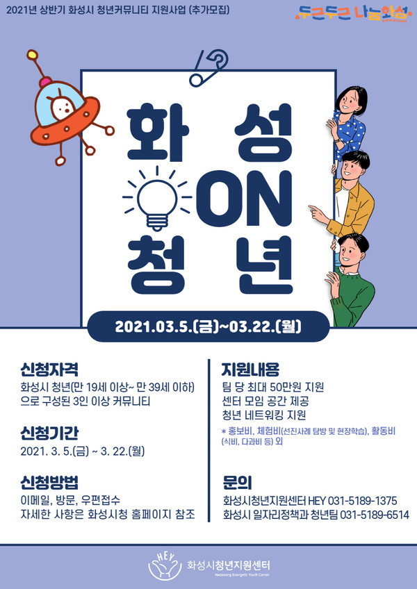 화성시가 코로나19 장기화로 활력을 잃어버린 지역 청년들을 위해 청년커뮤니티 지원사업 ‘화성ON청년’ 참가자를 모집한다. (사진제공=화성시청)