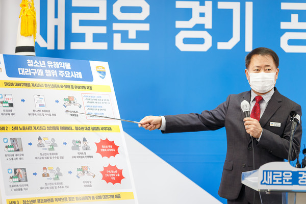 9일 오전 경기도청 브리핑룸에서 김영수 경기도 공정특별사법경찰단장이 청소년 대상 대리구매 범죄행위 기획수사 결과 브리핑을 하고 있다. (사진제공=경기도청)