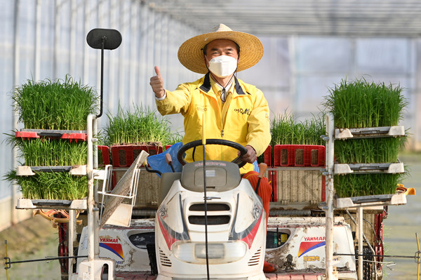 여주시는 지난 22일 여주시 우만동 소재 홍기완 농가에서 2021년도 첫 모내기를 실시한 가운데 이항진 시장이 모내기 시연했다. (사진제공=여주시청)