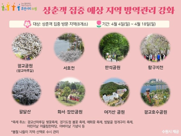 수원시가 상춘객(賞春客)이 집중적으로 방문할 것으로 예상되는 지역의 방역 관리를 강화한다. (사진제공=수원시청)