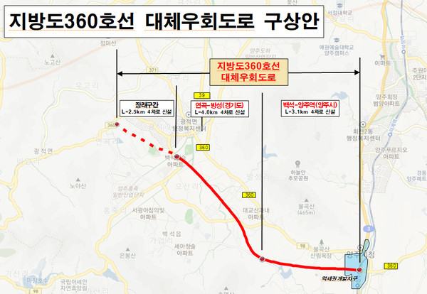 양주시는 양주시청 ~ 광적 간 지방도 360호선의 교통난을 해소하기 위한 지방도 360호선 우회도로가 ‘제3차 경기도 도로건설계획(‘21~‘25)’에 반영·고시됐다. 양주시 지방도 360호선 대체우회도로 구상안. (사진제공=양주시청)