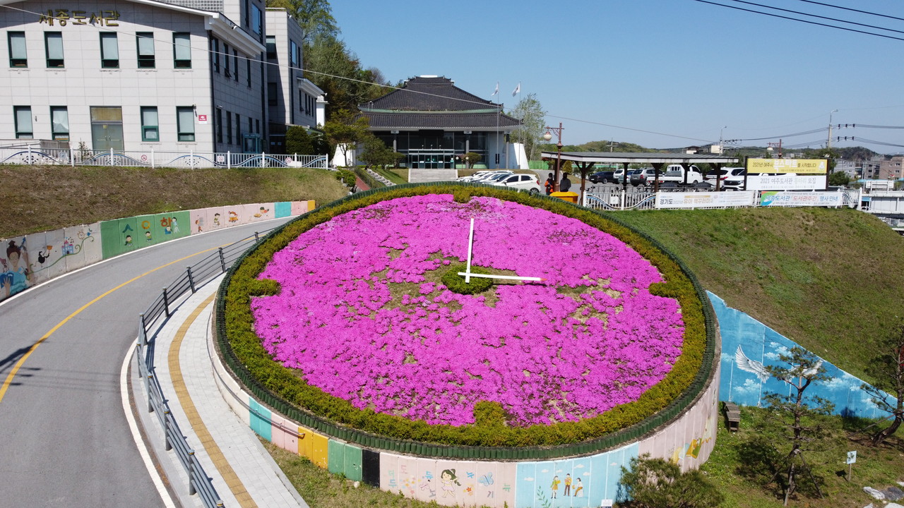 맑은 날씨를 보이고 있는 14일 오전 여주종합운동장 입구에 설치된 꽃시계가 햇살에 환하게 빛나고 있다. (사진=김광섭 기자)