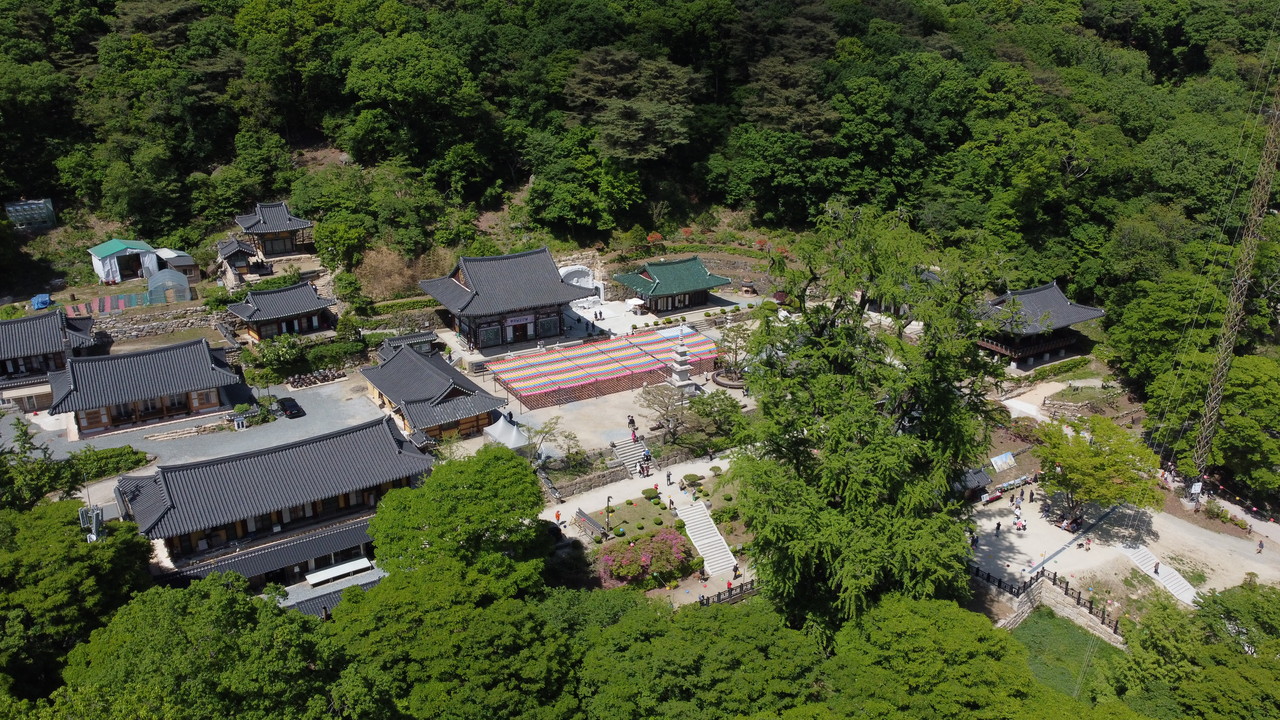 부처님오신날을 앞둔 양평 ‘용문사’에 내걸린 수천여 개 ‘오색연등’ 속으로 불자들의 발길이 이어지고 있다. 용문사를 하늘에서 본 모습으로, 사진 오른쪽에 수령 1100년 된 것으로 추정되는 은행나무가 있다. (사진=장은기 기자)