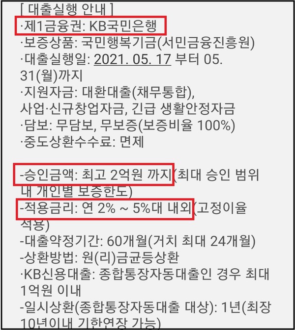 수원시민 A씨가 지난 14일 받은 국민은행 대출 안내 문자메시지는 '5월 국민은행 신규 대출 상품 안내'라는 문구와 함께 최저 연 1.89% 저금리 적용이 가능하다고 불특정 다수의 시민들을 현혹하고 있다. (사진=제보자 제공)