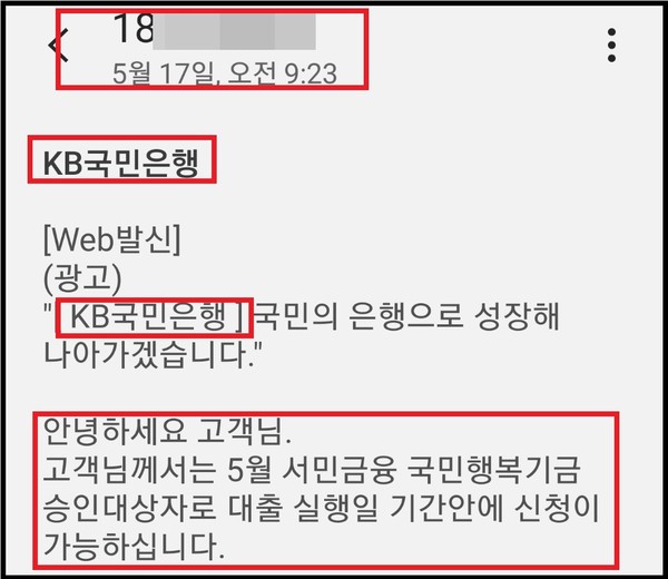 광주시에 거주하는 B씨가 받은 문자메시지에도 KB국민은행이라는 이름으로 비슷한 조건의 대출을 권유하고 있다.(사진=제보자 제공)