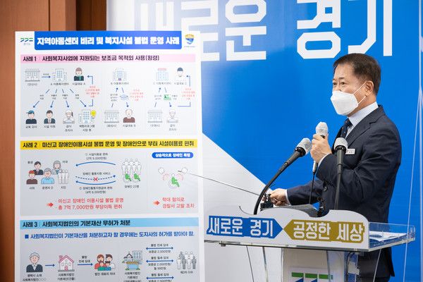 23일 오전 경기도청 브리핑룸에서 김영수 공정특별사법경찰단장이 사회복지시설 보조금 비리 및 불법운영 수사결과를 브리핑 하고 있다. (사진제공=경기도청)