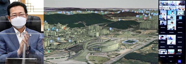 박남춘 인천시장이 지난 4일 '민선7기 GIS 성과 및 디지털트윈 행정 대전환 보고회'를 열고 있는 모습. (사진 제공=인천시청)