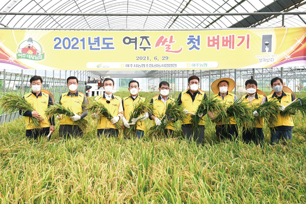 여주시는 29일 여주시 우만동 소재 홍기완 농가에서 2021년도 첫 벼베기를 실시했다. (사진제공=여주시청)