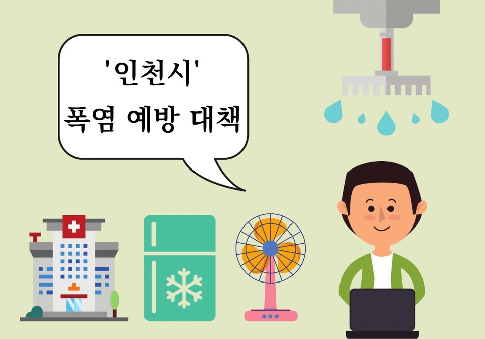 인천시가 계속되고 있는 폭염에 대해 더 강력한 예방대책을 추진하기로 했다. 달궈진 도로에 펌프차와 살수차를 활용해 1일 2회 물을 뿌려 온도를 낮추고 있다. (CG=중앙신문)