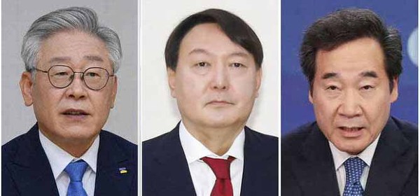 지난 30일부터~9월 1일까지 엠브레인퍼블릭·케이스탯리서치·코리아리서치·한국리서치 등 4개 여론조사기관이 전국 성인남녀 1012명을 상대로 대선후보 적합도를 묻는 질문에 이재명 후보 1위, 국민의힘 윤석열 후보 2위, 민주당 이낙연 후보가 3위를 고수하고 있는 것으로 조사됐다. /왼쪽부터 이재명윤석열이낙연 후보. (사진=중앙신문DB)