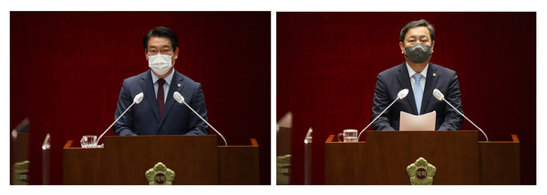이재명 경기지사가 성남시장으로 재임 당시 추진된 분당구 대장동 개발 사업 특혜의혹을 놓고 성남시의회 여야가 격돌했다. 좌측 국민의힘 이상호 의원, 우측 민주당 조정식 의원. (사진제공=성남시의회)