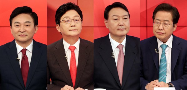 국민의힘 대선 경선후보들은 윤석열 후보의 ‘정신머리’ 발언을 두고 일제히 윤 후보를 겨냥해 ‘뻔뻔하고 건방지기 짝이 없다’, ‘문재인 정권 하수인 시절의 버릇’이라고 호통쳤다. 사진은 왼쪽부터 원희룡·유승민·윤석열·홍준표 후보. (사진=중앙신문DB)