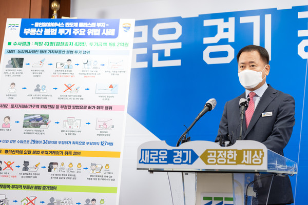 17일 오전 경기도청 브리핑룸에서 김영수 공정특별사법경찰단장이 온라인 브리핑 방식으로 용인 반도체클러스터 사업부지 불법 투기 수사 결과를 발표하고 있다. (사진제공=경기도청)