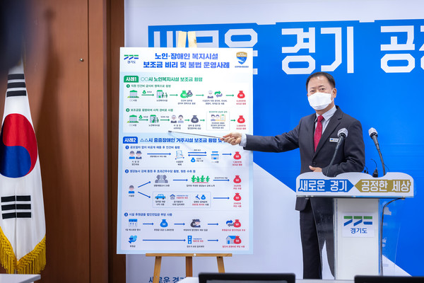24일 오전 경기도청 브리핑룸에서 김영수 공정특별사법경찰단장이 사회복지 보조금 비리 수사결과 기자회견을 하고 있다. (사진제공=경기도청)
