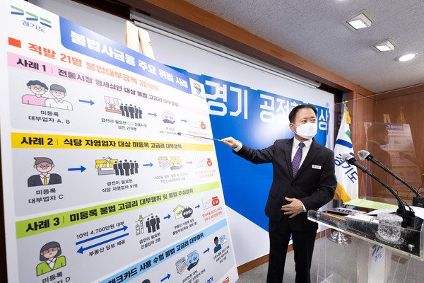 1일 오전 경기도청 브리핑룸에서 김영수 공정특별사법경찰단장이 불법사금융(취약계층) 기획수사 결과에 대한 기자회견을 하고 있다 . (사진제공=경기도청)