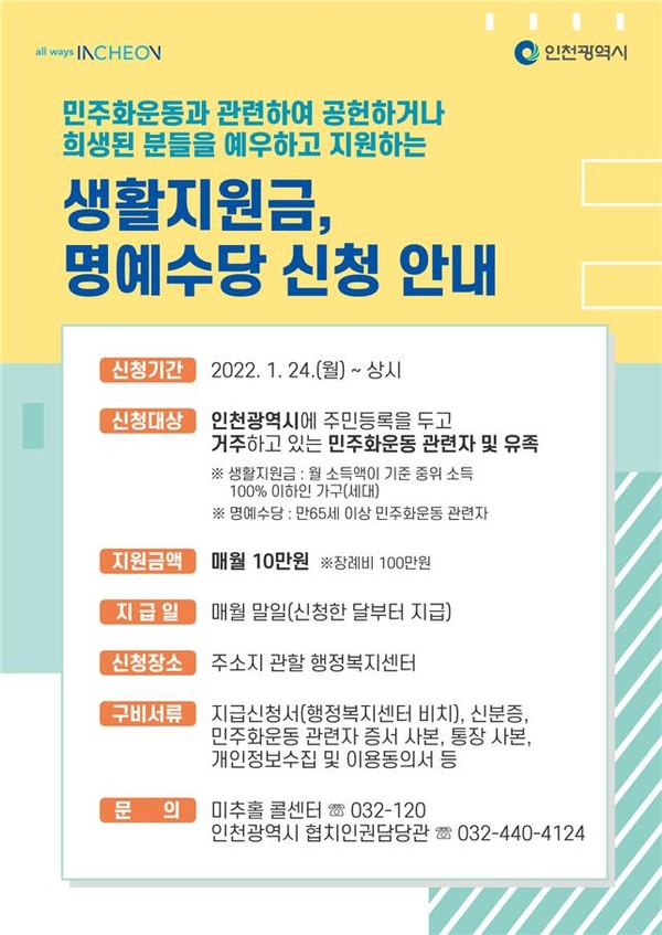 인천시는 지역에 거주하는 민주화운동 관련자와 유족에게 매월 10만원의 ‘생활지원금’ 또는 ‘명예수당’을 올해 1월부터 지급한다고 밝혔다. (사진제공=인천시청)