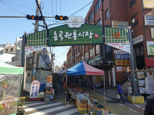 고양시가 관내 전통시장내 고양페이 가맹점에서 상품을 구매하면 1만원권 소비쿠폰 지원한다. 사진은 능곡전통시장입구 전경. (사진제공=고양시청)