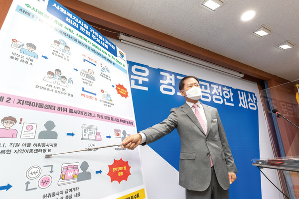 27일 오전 경기도청 브리핑룸에서 김영수 공정특별사법경찰단장이 비대면 온라인 중계 방식으로 사회복지시설 가족형·조직형 비리 기획수사 결과를 발표하고 있다. (사진제공=경기도청)