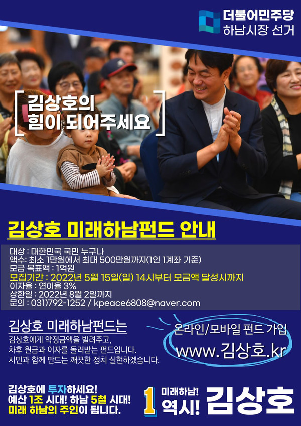 ‘김상호 미래하남펀드’가 15일 오후 2시 개설 10분 만에 목표액 1억원을 달성 조기 마감됐다. (사진제공=김상호후보캠프)
