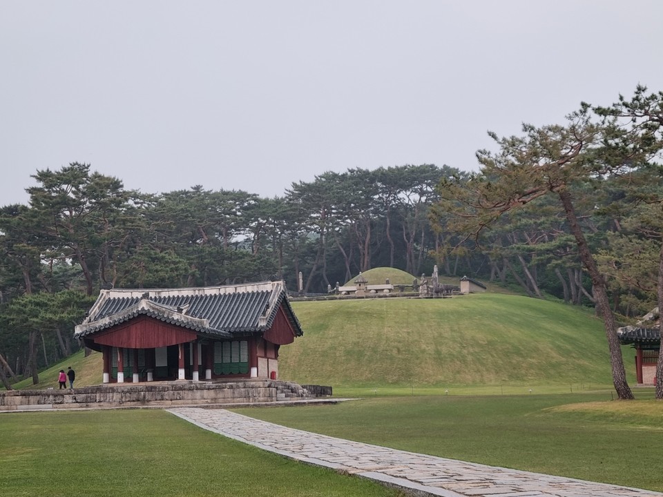 18일 오전 11시10분께 여주 세종대왕릉 앞 정자각에 가는 봄비가 내리고 있어 운치가 더해지고 있다. (사진=김광섭 기자)