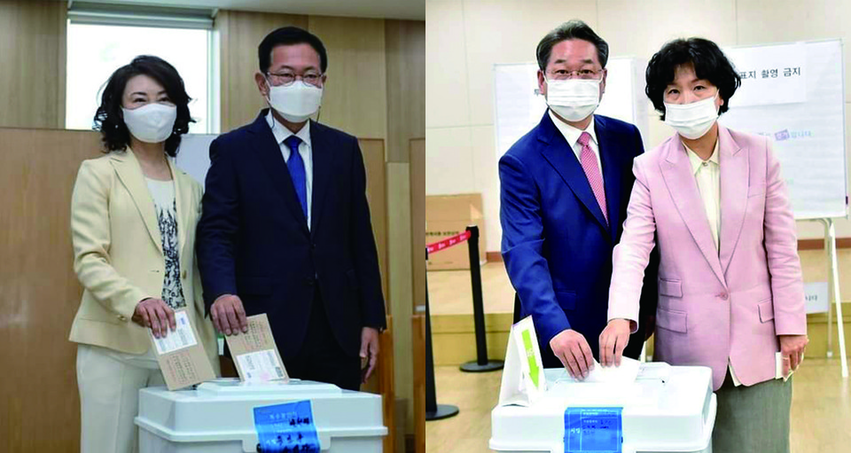 제8회 전국동시지방선거의 사전투표 첫 날인 27일 오후 3시 기준 인천지역 투표율이 6.79%로 전국 7.25%보다 낮게 나타났다. 사진은 이날 사전투표하는 박남춘 더불어민주당 인천시장 후보(왼쪽)와 유정복 국민의힘 인천시장 후보(오른쪽). (사진=각 후보자 페이스북)