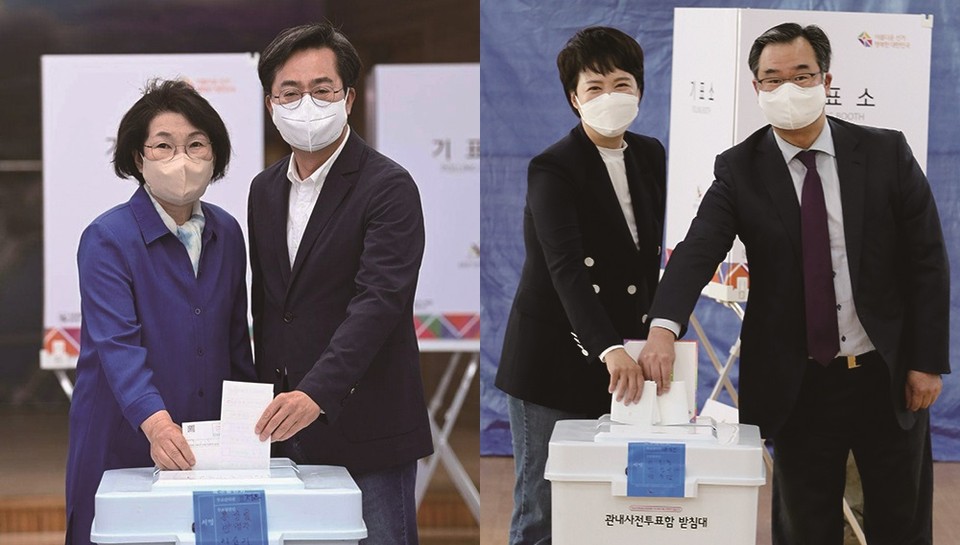 제8회 전국동시지방선거의 사전투표 첫 날인 27일 오후 3시 기준 경기지역 투표율이 6.31%로 전국 7.25%보다 낮게 나타났다. 사진은 사전투표 첫 날 소중한 한 표를 행사하고 있는 여야 경기도지사 후보. (사진=각 후보 선거캠프)