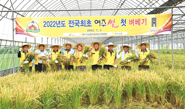 여주시는 5일 여주시 우만동 소재 홍기완 농가에서 2022년도 대왕님표 여주쌀 전국 첫 벼베기를 실시했다. (사진제공=여주시청)