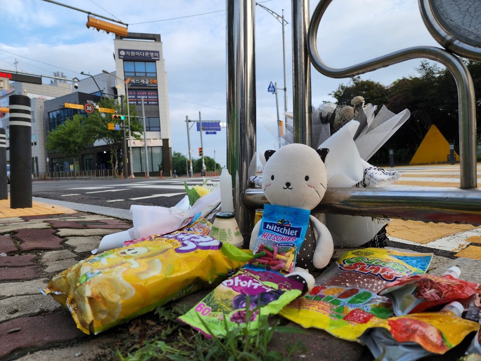 8일 오전 6시40분께 평택시 청북읍 옥길리의 한 초등학교 앞 횡단보도에 전날 사고로 숨진 초등학생 A(11)양을 추모하는 꽃다발과 인형, 과자, 음료수들이 놓여져 있다. (사진=김종대 기자)